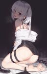  1girl absurdres ass barefoot black_skirt blue_eyes blush commission dildo goback grey_hair highres kneeling long_hair long_sleeves looking_at_viewer open_mouth original pleated_skirt pussy sex_toy shirt skirt soles solo thigh_strap toes twintails white_shirt 