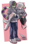  1boy 1girl arthropod_boy backpack bag black_nails black_shorts blind blush butn_0925 closed_eyes colored_skin green_skin grey_hoodie highres hood hood_up hoodie hunter_x_hunter komugi_(hunter_x_hunter) long_earlobes long_hair looking_at_another meruem pink_background pink_eyes school_bag shirt shoes shorts simple_background smile sneakers tail white_hair white_shirt 