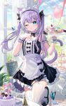  1girl ;) absurdres animal_ear_fluff animal_ears apron black_bow black_skirt blue_eyes bow bug butterfly cat_ears floating_hair grey_hair hair_ornament highres holding holding_plate kuo_(kuo114514) leg_up long_hair looking_at_viewer maid maid_headdress miniskirt one_eye_closed original plate skirt smile solo standing standing_on_one_leg thighhighs twintails waist_apron white_apron white_thighhighs zettai_ryouiki 