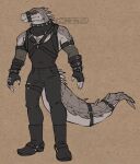  anthro clothing crocodile crocodilian crocodylid daylon_(dislyte) dislyte facial_markings fangs fingerless_gloves gloves handwear head_markings male markings mouth_strap red_eyes reptile scalie shirt solo spikes straps tail tank_top teeth thick_tail topwear zinthings 