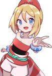  1girl absurdres blonde_hair blue_eyes bracelet highres irida_(pokemon) jewelry looking_at_viewer open_mouth pokemon pokemon_(game) pokemon_legends:_arceus rono_(lethys) short_hair simon_(ttgl) simple_background solo white_background 