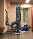  2023 anthro black_body black_fur blue_body blue_fur butt canid canine captainscales ceiling ceiling_lights claws detailed_background dragon duo floor fur grey_body headstand hi_res horn inside locker_room looking_at_viewer male mammal meme nude paws radiator shadow t-pose tail tile tile_ceiling tile_floor tile_wall toe_claws wall_(structure) 