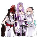  3girls absurdres apron black_hair blonde_hair enilefilnoztlaw facial_mark fate/grand_order fate_(series) forehead forehead_mark glasses highres maid maid_apron maid_headdress medusa_(fate) medusa_(rider)_(fate) multiple_girls nameless_dagger_(fate) oda_nobunaga_(fate) okita_souji_(fate) purple_hair red_eyes simple_background upper_body white_background yellow_eyes 