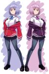  absurdres black_pantyhose blue_eyes blue_hair gridman_universe hands_on_own_hips highres palette_swap pantyhose purple_hair purple_shirt red_eyes red_shirt school_uniform shinjou_akane shinomu_(cinomoon) shirt short_hair ssss.gridman white_background 