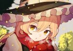  1girl :o black_headwear blonde_hair bow braid breath frilled_hat frills gloves hands_up hat hat_bow highres kirisame_marisa leaf looking_to_the_side medium_hair open_mouth red_gloves red_scarf scarf single_braid solo suarokin touhou tree white_bow white_sleeves witch_hat yellow_eyes 