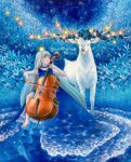  1girl antlers barefoot blue_choker blue_dress blue_eyes bow_(music) cello choker commentary_request crown deer dress grey_hair highres instrument long_hair music oil_painting_(medium) original painting_(medium) playing_instrument ringodrawing sitting smile solo surreal traditional_media very_long_hair water_dress 