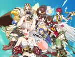  3boys 6+girls animal_ears arch_bishop_(ragnarok_online) argyle argyle_coat argyle_dress arm_blade armor arrow_(projectile) bangle belt bikini_armor black_gloves black_scarf blonde_hair blue_background blue_cape blue_eyes blue_hair bow_(weapon) bracelet breasts brown_bandana brown_belt brown_coat brown_hair camouflage camouflage_scarf camouflage_shorts cape choker cleavage closed_mouth coat commentary_request cowboy_shot cropped_jacket detached_sleeves dress eyes_visible_through_hair fake_animal_ears fake_horns fang ferus_(ragnarok_online) fingerless_gloves fox_hat fur_collar gauntlets gloves green_eyes green_gloves green_scarf green_shorts green_tube_top grey_coat griffin gryphon_(ragnarok_online) guillotine_cross_(ragnarok_online) hair_between_eyes hairband head_wings heart holding holding_bow_(weapon) holding_instrument holding_staff holding_weapon horns instrument jacket jewelry kusabi_(aighe) long_bangs long_hair long_sleeves looking_afar looking_at_another looking_to_the_side lute_(instrument) medium_bangs medium_breasts medium_hair midriff minstrel_(ragnarok_online) multiple_boys multiple_girls music navel necklace open_mouth palm-fist_tap pauldrons piglet playing_instrument pointy_ears pouch rabbit_ears ragnarok_online ranger_(ragnarok_online) red_armor red_coat red_eyes red_hair red_scarf royal_guard_(ragnarok_online) rune_knight_(ragnarok_online) sarashi savage_babe scarf short_hair shorts shoulder_armor skin_fang sleeveless sleeveless_dress small_breasts smile sorcerer_(ragnarok_online) staff strapless striped striped_scarf sura_(ragnarok_online) tube_top upper_body warlock_(ragnarok_online) weapon white_dress white_hair white_hairband white_jacket white_scarf white_sleeves wings yellow_eyes 