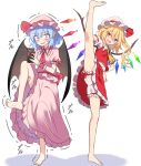  2girls :d barefoot bat_wings blonde_hair bloomers blue_hair commentary_request crystal dress e.o. fang flandre_scarlet hat highres leg_up looking_at_viewer mob_cap multiple_girls open_mouth pink_dress pink_headwear remilia_scarlet siblings simple_background sisters skin_fang smile soles split standing standing_on_one_leg standing_split toes touhou underwear white_background white_headwear wings 