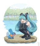  1girl aqua_eyes aqua_hair aqua_nails artist_name boots bush crossover dated detached_sleeves digiral hatsune_miku headphones highres long_hair looking_at_another mudkip open_mouth pokemon pokemon_(creature) signature squatting thigh_boots tree twintails vocaloid 