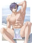  1boy abs arm_behind_head armpits bara beach bishounen bulge feet_out_of_frame goburin_second highres large_pectorals loincloth looking_at_viewer male_focus multicolored_hair muscular muscular_male navel nipples original pectorals presenting_armpit purple_eyes short_hair sitting smile solo streaked_hair thick_eyebrows thighs 