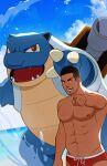  1boy abs arm_hair bara beach black_eyes black_hair blastoise blue_sky chest_hair cowboy_shot facial_hair highres imramillust large_pectorals looking_ahead love_handles male_focus male_swimwear muscular muscular_male navel navel_hair nipples open_mouth original pectorals pointing pokemon red_male_swimwear short_hair sideburns sky solo_focus stubble topless_male undercut water 