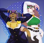  anthro cosplay crossover crossover_cosplay duo female herpestid hi_res jojo&#039;s_bizarre_adventure jojo_pose josuke_higashikata looking_at_viewer male mammal mochi_(unluckyoni) mongoose procyonid raccoon rohan_kishibe size_difference smile unluckyoni will_delrio_(sketchybug) 