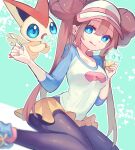  1girl blue_eyes blurry bow bright_pupils brown_hair closed_mouth collarbone commentary_request double_bun doughnut_hair_bun eyelashes food green_background hair_bun highres holding holding_spoon hottomiruku ice_cream licking_lips outline pantyhose_under_shorts pink_bow pokemon pokemon_(creature) pokemon_(game) pokemon_bw2 raglan_sleeves rosa_(pokemon) shirt shoes shorts sitting smile sneakers spoon tongue tongue_out twintails victini visor_cap white_pupils yellow_shorts 