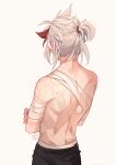  1boy back bandaged_arm bandages crossed_arms english_commentary from_behind genshin_impact highres kaedehara_kazuha male_focus multicolored_hair nekojinnyart red_hair scar scar_on_arm scar_on_back signature simple_background solo streaked_hair topless_male upper_body white_hair 