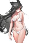  1girl absurdres animal_ears arknights bare_arms bare_shoulders bikini black_hair commentary_request cowboy_shot highres long_hair looking_at_viewer navel orange_eyes rui_(woyoudabing_rui) side-tie_bikini_bottom simple_background solo standing stomach swimsuit texas_(arknights) thighs very_long_hair white_background white_bikini wolf_ears 