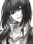  1girl black_coat black_hair bob_cut coat collared_shirt highres limbus_company looking_at_viewer luull open_mouth project_moon red_eyes ryoshu_(project_moon) shirt short_hair simple_background smile solo white_background white_shirt 