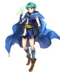  1boy asbel_(fire_emblem) blue_gloves blue_tunic boots brown_footwear cape closed_mouth fingerless_gloves fire_emblem fire_emblem:_thracia_776 fire_emblem_heroes full_body gloves green_eyes green_hair highres holding holding_cape holding_clothes knees looking_at_viewer short_hair smile solo standing transparent_background wada_sachiko 