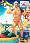  2boys 2girls abs bandana bara bare_pectorals beach bird blue_sky bulge chest_hair clothes_lift cooler crab dolphin facial_hair food fruit highres holding holding_megaphone holding_sign large_pectorals long_sideburns lotion male_focus male_swimwear megaphone multiple_boys multiple_girls muscular muscular_male navel_hair nipples open_mouth original pectorals penguin sandals seagull shirt_behind_neck shirt_lift shout_lines shouting sideburns sign sky solo_focus stubble suamaru sunscreen swim_briefs thick_eyebrows thick_thighs thighs translation_request wading_pool watermelon 