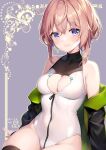  1girl alice_gear_aegis bare_shoulders black_jacket black_thighhighs blue_eyes blush breasts brown_hair cleavage cleavage_cutout closed_mouth clothing_cutout companion/af hair_between_eyes highres jacket kakerayuri kanagata_sugumi leotard looking_at_viewer medium_breasts off_shoulder short_hair sidelocks sleeveless_turtleneck_leotard smile solo thighhighs white_leotard zipper zipper_leotard 