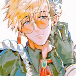  1boy 1other black_gloves black_shirt blonde_hair blue_eyes brooch chiyo_(miichiyochin) closed_mouth collared_shirt earrings gloves hand_up highres jewelry maid_headdress male_focus round_eyewear shirt short_hair simple_background single_earring sunglasses sweatdrop trigun trigun_stampede upper_body vash_the_stampede white_background 