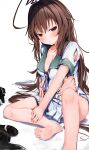  1girl :t absurdres ahoge barefoot belt blush breasts brown_eyes brown_hair commentary dorsiflexion feet foot_out_of_frame frown glaring green_sailor_collar highres huge_ahoge kantai_collection knee_up kuma_(kancolle) kuma_kai_ni_(kancolle) legs long_hair looking_at_viewer medium_breasts mok4suke pleated_shorts pleated_skirt pout red_ribbon ribbon sailor_collar sailor_shirt school_uniform serafuku shirt skirt soles solo toes torn_clothes torn_shirt torn_skirt v-shaped_eyebrows white_background white_belt white_shirt white_skirt 