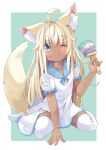  1girl :p ahoge animal_ear_fluff animal_ears blonde_hair blue_eyes blue_sailor_collar blush border closed_mouth collarbone commentary_request dark-skinned_female dark_skin dress fox_ears fox_girl fox_tail full_body green_background highres holding holding_paintbrush long_hair looking_at_viewer manabe_mana one_eye_closed original outside_border paintbrush puffy_short_sleeves puffy_sleeves sailor_collar sailor_dress short_sleeves simple_background sitting solo tail thighhighs tongue tongue_out wariza white_border white_dress white_thighhighs 