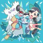  1girl :d abomasnow arm_up black_hair breasts brown_eyes brown_footwear brown_skirt candice_(pokemon) clothes_around_waist collared_shirt commentary_request green_background hair_ornament hairclip highres holding holding_poke_ball kneehighs multi-tied_hair open_mouth poke_ball poke_ball_(basic) pokemon pokemon_(creature) pokemon_(game) pokemon_dppt shirt shoes skirt smile socks sutokame sweater sweater_around_waist teeth tongue twintails upper_teeth_only v white_shirt 