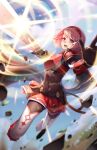  1girl armor attack bodystocking braid cape claymore_(sword) covered_navel fire_emblem fire_emblem_engage gloves hair_ribbon hairband holding holding_weapon incoming_attack kaijuicery lapis_(fire_emblem) open_mouth pink_eyes pink_hair red_armor red_hairband ribbon short_hair side_braid solo swept_bangs sword two-tone_hairband weapon white_ribbon 
