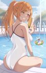  1girl absurdres ass brown_eyes brown_hair chain-link_fence competition_school_swimsuit fence from_behind grin highres kana_(wucz8478) long_hair one-piece_swimsuit original ponytail pool pool_ladder poolside rabbit school_swimsuit smile swimsuit water_gun white_one-piece_swimsuit 