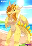  absurd_res anthro areola beach big_breasts blush breasts butt daffodil_(flower) daffodil_(lustragon) digital_drawing_(artwork) digital_media_(artwork) dragon female genitals hair hi_res horn looking_at_viewer lustragon nipples nude nude_beach nude_female orange_hair pussy reptile sand scales scalie sea seaside smile solo tail text tongue water wings yellow_areola yellow_body yellow_eyes yellow_nipples yellow_pussy yellow_scales 