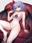  1girl armpits ascot ass ass_visible_through_thighs bat_wings blue_hair bow breasts choker collarbone couch feet foot_out_of_frame hair_bow highres knee_up legs looking_at_viewer nail_polish navel no_headwear no_shoes one-piece_swimsuit red_ascot red_bow red_eyes red_nails remilia_scarlet short_hair simple_background sitting small_breasts socks solo stirrup_legwear sudako_(dai011305) swimsuit thighhighs thighs toeless_legwear toes touhou white_background white_socks wings wrist_cuffs 