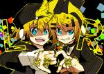  1boy 1girl aqua_eyes backwards_hat baseball_cap black_jacket black_pants black_sailor_collar black_shirt black_skirt bow caution_tape chain collared_shirt commentary crop_top gold_chain grin hair_bow hair_ornament hairclip hat headphones jacket kagamine_len kagamine_rin looking_at_viewer midriff miniskirt navel neckerchief one_eye_closed open_mouth pants pendant_choker rettou_joutou_(vocaloid) road_sign sailor_collar school_uniform serafuku shirt sign skirt smile spiked_hair star_(symbol) swept_bangs vocaloid white_shirt yellow_bow yellow_neckerchief yokoru 