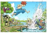  1other 3boys 3girls absurdres ayla_(chrono_trigger) ball barefoot beachball bird_on_leg blonde_hair blue_hair blue_male_swimwear blue_shorts bob_cut book breasts chrono_trigger cleavage cloak colored_skin crono_(chrono_trigger) cup curly_hair dock ebiten_(ebi10d) frog_(chrono_trigger) full_body glasses green_skin highres holding holding_book in_tree jumping long_hair lucca_ashtear magus_(chrono_trigger) male_swimwear marle_(chrono_trigger) medium_breasts medium_hair multiple_boys multiple_girls one_eye_closed open_mouth outdoors pants ponytail purple_hair purple_pants red_cloak red_hair robo_(chrono_trigger) robot rowboat short_hair shorts smile spiked_hair splashing strapless topless_male tree tube_top 