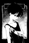  1boy black_hair blood frown greyscale hair_between_eyes highres holding holding_knife knife llll_nnmn looking_at_viewer male_focus monochrome omori solo sunny_(omori) tank_top upper_body 