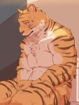  2023 abs absurd_res anthro beastars biceps bill_(beastars) covering covering_self felid fur hi_res male mammal muscular muscular_anthro muscular_male nude pantherine pecs saadness sitting solo striped_body striped_fur stripes tiger white_body white_fur 