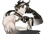  1boy arknights bara black_hair black_skin chong_yue_(arknights) colored_skin dragon_boy dragon_horns earrings elbow_rest gradient_skin highres horns jewelry large_pectorals liliiliillj looking_at_viewer male_focus mature_male multicolored_hair muscular muscular_male pectorals pointy_ears ponytail red_eyes short_hair solo streaked_hair upper_body white_background 