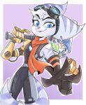  2023 anthro beezii belt blue_eyes bolt_(fastener) clank_(ratchet_and_clank) clothing cybernetic_arm cybernetic_limb duo ear_piercing ear_ring eyebrow_through_hair eyebrows eyelashes eyewear eyewear_on_head female fur gloves goggles goggles_on_head hair hammer handwear hi_res lombax looking_at_viewer machine male mammal markings piercing purple_stripes ratchet_and_clank red_scarf ring_(marking) ring_piercing ringtail rivet_(ratchet_and_clank) robot scarf shoulder_tuft sony_corporation sony_interactive_entertainment striped_body striped_fur stripes tail tail_markings tongue tongue_out tools translucent translucent_hair tuft 