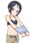  1girl belt black_eyes black_hair blue_eyes bra flat_chest highres kurosaki_honoka meis_(terameisu) pants short_hair simple_background solo training_bra underwear undressing yama_no_susume 