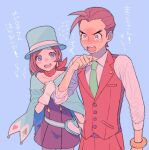  1boy 1girl ace_attorney antenna_hair apollo_justice black_dress blue_background blue_cape blue_eyes blue_headwear blush bracelet brown_eyes brown_hair cape club_(shape) collared_shirt crying crying_with_eyes_open diamond_earrings dress earrings fanny_pack hat jewelry long_sleeves looking_at_another necktie open_mouth ouse_(otussger) pants red_pants red_scarf red_vest scarf shirt short_hair simple_background spade_(shape) tears top_hat trucy_wright vest white_shirt 