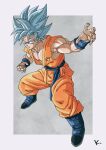  1boy blue_eyes blue_footwear blue_hair boots dragon_ball dragon_ball_super full_body highres jumpsuit kakeru_(dbskakeru) orange_jumpsuit simple_background sleeveless solo son_goku spiked_hair super_saiyan super_saiyan_blue toriyama_akira_(style) 