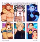  6+boys :3 age_progression aged_up ainu_clothes alternate_costume animal_ears apron bara bare_pectorals barley_lightfoot beanie bear_boy beard beard_stubble belly blonde_hair blue_skin blush brown_apron brown_fur bulge cape character_request chest_hair clenched_hand cloud_strife collared_shirt colored_skin daisukebear facial_hair fate/zero fate_(series) final_fantasy final_fantasy_vii fur-trimmed_cape fur_trim furry furry_male goatee_stubble grey_fur grey_hair grin hat headband highres horkeu_kamui iskandar_(fate) large_pectorals male_focus mature_male midriff_peek multicolored_hair multiple_boys multiple_drawing_challenge muscular muscular_male navel_hair nipples onward original pectorals plump pointy_ears red_cape red_eyes red_hair scratching_head shirt short_hair sideburns sidelocks sideways_glance six_fanarts_challenge smile star_(symbol) stomach tail thick_eyebrows tokyo_afterschool_summoners two-tone_fur two-tone_hair v-shaped_eyebrows wolf_boy wolf_ears wolf_tail yellow_eyes 