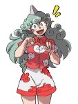  1girl :d absurdres clenched_hands collared_shirt commentary curly_hair eddybird55555 english_commentary fangs green_eyes green_hair highres horns komainu komano_aunn long_hair looking_at_viewer open_mouth red_shirt shirt shorts simple_background single_horn smile solo touhou white_background white_shorts 
