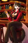  alcohol bar bar_stool beverage black_hair breasts canid canine canis cleavage clothed clothing eyewear female furniture gwynneth_mai hair hi_res mammal necktie sitting solo sparkles stool suit sunglasses whiskey whiskey_glass wmdiscovery93 wolf 