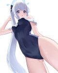  1girl absurdres ass_visible_through_thighs black_bow blue_archive blue_eyes blue_one-piece_swimsuit blush bow breasts covered_navel from_below grey_hair hair_bow halo highres long_hair looking_at_viewer medium_breasts miyako_(blue_archive) miyako_(swimsuit)_(blue_archive) one-piece_swimsuit onuj2$ parted_lips ponytail side_ponytail simple_background solo sweat swimsuit very_long_hair white_background 