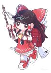  1girl adapted_costume arm_up backpack bag bow brown_eyes brown_hair commentary dotaku_(wran8845) dress expressionless frilled_hair_tubes frills full_body gohei hair_bow hair_tubes hakurei_reimu highres holding holding_stick jitome keychain long_hair looking_at_viewer randoseru red_dress shoes sneakers solo standing standing_on_one_leg stick touhou very_long_hair yin_yang yin_yang_print 