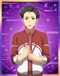  1boy black_hair brown_eyes clenched_hands idolmaster idolmaster_side-m idolmaster_side-m_growing_stars jacket kimura_ryu male_focus official_art open_mouth sleeves_rolled_up solo sportswear track_jacket zipper 