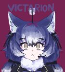  1girl animal_ear_fluff animal_ears arrow_(projectile) blue_hair dire_wolf_(kemono_friends) extetvictarion extra_ears grey_eyes highres jacket kemono_friends kemono_friends_v_project long_hair looking_at_viewer microphone purple_background ribbon scarf simple_background solo twintails upper_body virtual_youtuber wolf_ears wolf_girl 