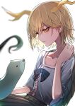  33_gaff absurdres blonde_hair blue_shirt collarbone commentary dragon_girl dragon_horns dragon_tail highres horns kicchou_yachie looking_at_another otter_spirit_(touhou) shirt short_hair simple_background tail touhou turtle_shell white_background yellow_eyes 