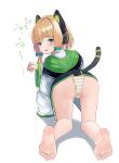  1girl absurdres all_fours animal_ear_headphones animal_ears aqua_bow ass barefoot blue_archive blunt_bangs blush bow cat_ear_headphones cat_tail eyelashes fake_animal_ears fake_tail feet flying_sweatdrops foreshortening from_behind full_body green_jacket green_panties hair_bow headphones highres hood hood_down hooded_jacket jacket legs long_sleeves looking_back lts_kakuyo midori_(blue_archive) multicolored_clothes multicolored_jacket no_pants open_mouth panties paw_pose shadow short_hair_with_long_locks sleeves_past_wrists soles solo striped striped_panties sweatdrop tail toe_scrunch toenails toes underwear white_jacket white_panties wide_sleeves 