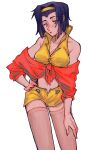  1girl breasts cowboy_bebop faye_valentine goomyloid hairband hand_on_own_hip highres lipstick makeup nail_polish navel purple_hair red_nails short_hair simple_background solo standing white_background yellow_hairband 